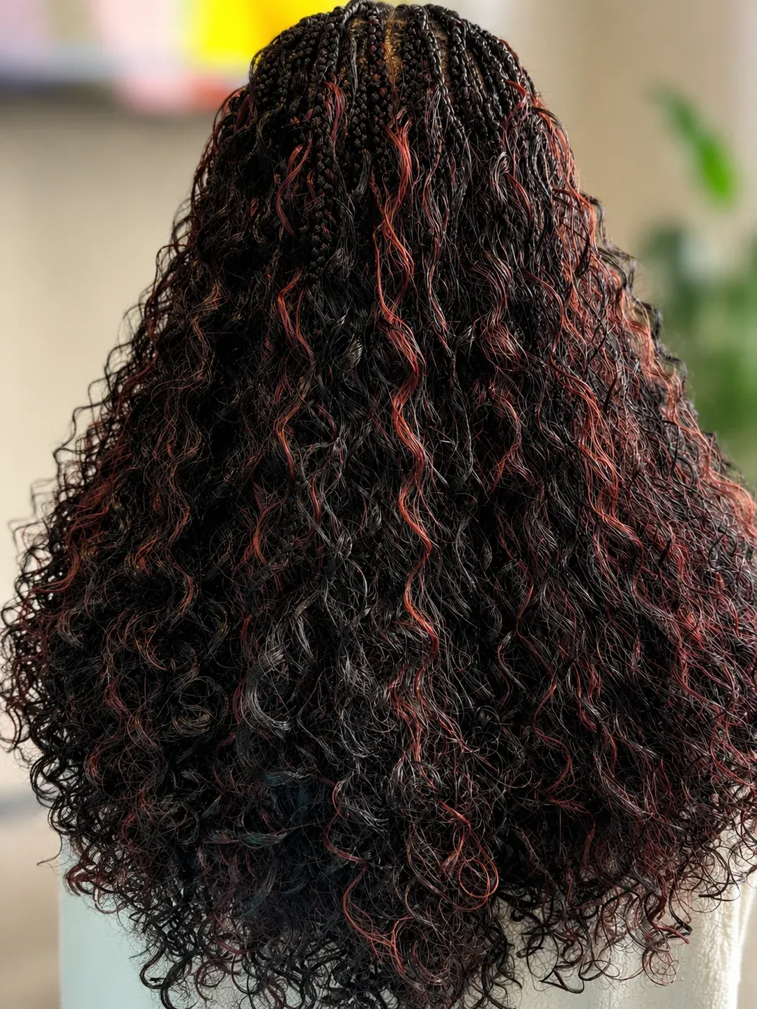 Full boho knotless braids in black with red curly pieces flowing down the back, back view