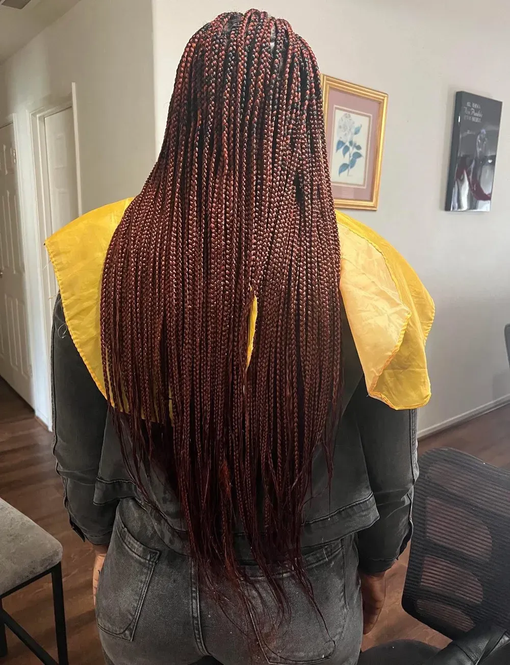 Long knotless braids in burgundy, waist length, back view